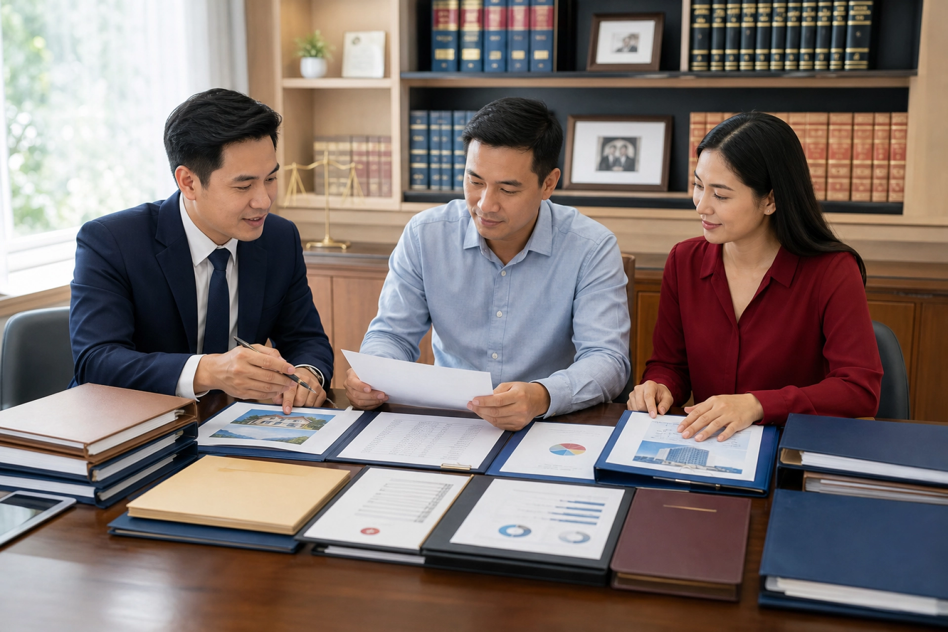 Luật sư và vợ chồng cùng rà soát danh mục tài sản và nghĩa vụ